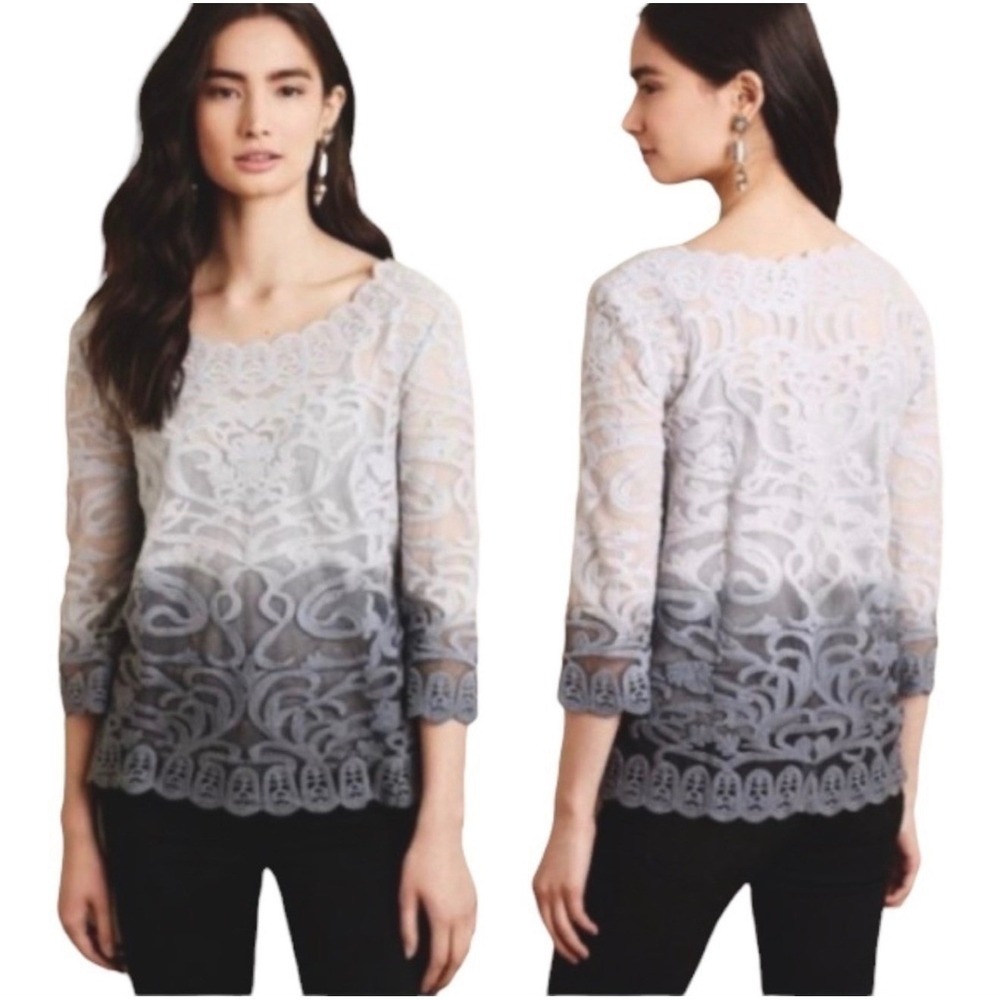 Meadow Rue Anthropologie Ombre Lace Sheer Boho Festival Blouse Grey Top Large